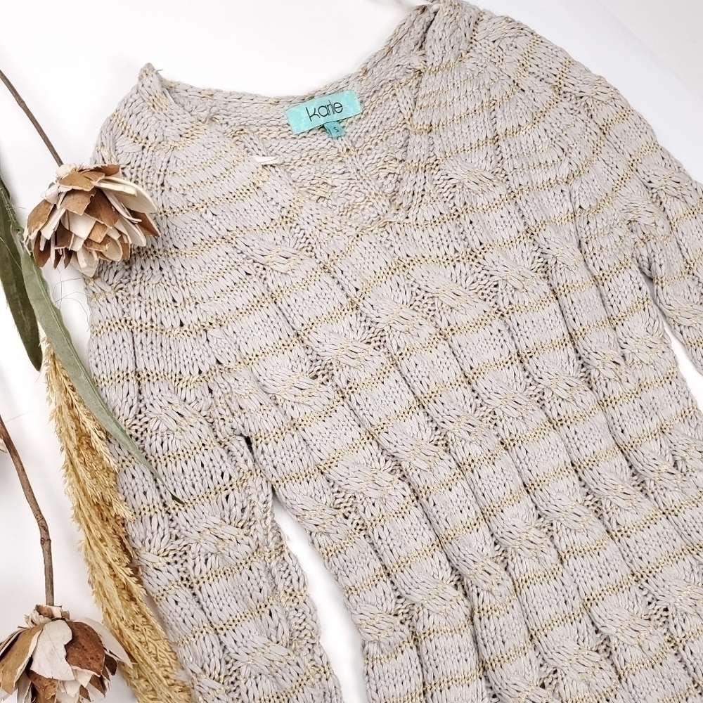 Karlie Tan Gold Striped Cable Knit Long Sweater Sz S - Picture 3 of 16